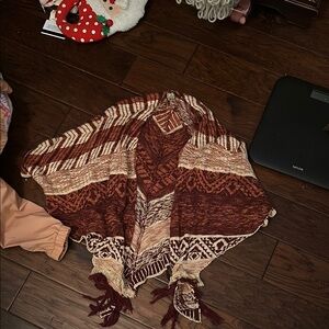 Boho Chic Knit Poncho - Brown and Beige